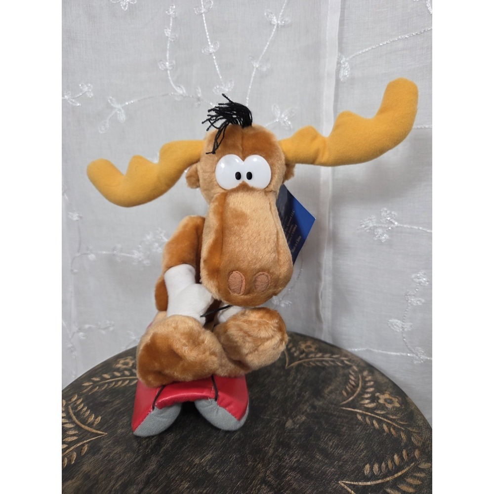 2001 Rocky and Bullwinkle BULLWINKLE Moose 9" Stuffed Plush Toy Network Sled Fun